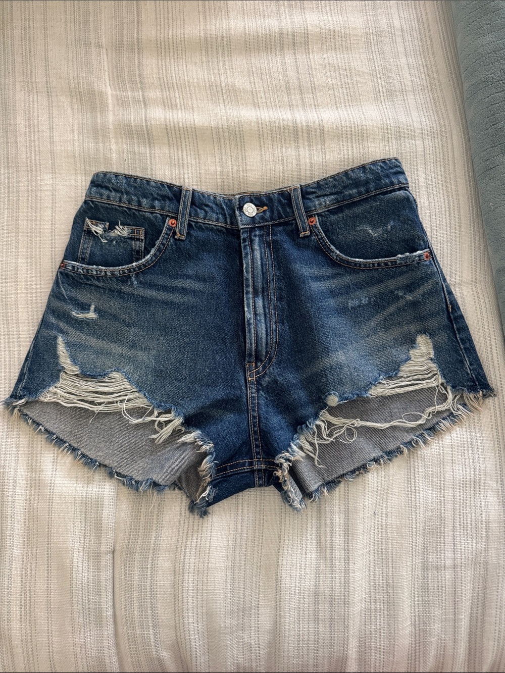 Zara Dark Blue Distressed Denim Cutoff Shorts